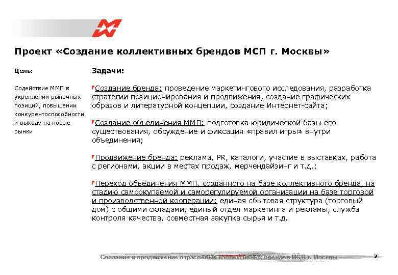 Проект «Создание коллективных брендов МСП г. Москвы»  Цель:     Задачи: