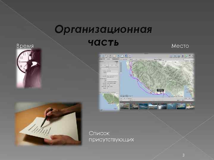   Организационная Время  часть  Место   Список   присутствующих