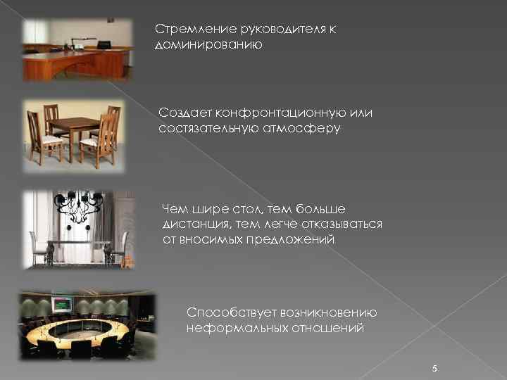 Стремление руководителя к доминированию Создает конфронтационную или состязательную атмосферу Чем шире стол, тем больше