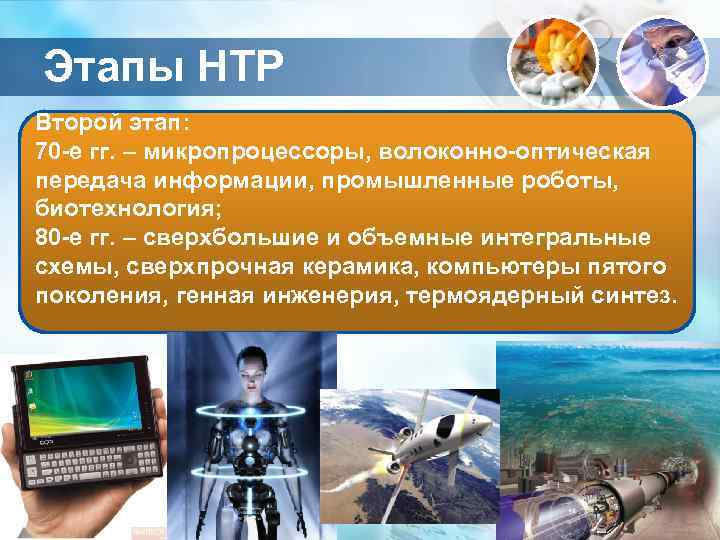 Этапы НТР Второй этап: 70 -е гг. – микропроцессоры, волоконно-оптическая передача информации, промышленные роботы,