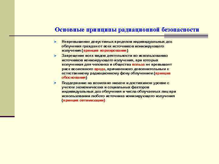 Основные принципы радиационной безопасности  Непревышение допустимых пределов индивидуальных доз  облучения граждан от