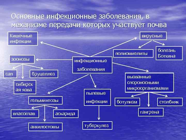  Основные инфекционные заболевания, в  механизме передачи которых участвует почва Кишечные  