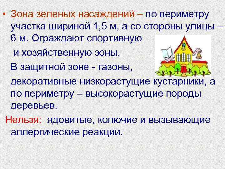  • Зона зеленых насаждений – по периметру  участка шириной 1, 5 м,