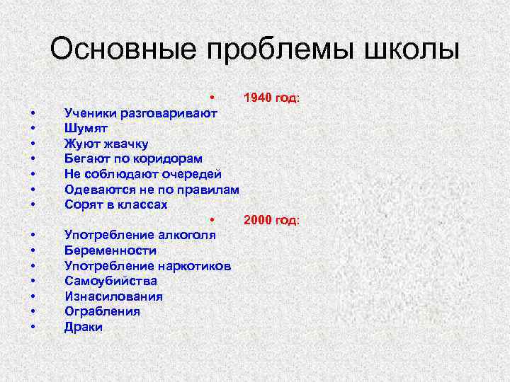   Основные проблемы школы     • 1940 год:  •