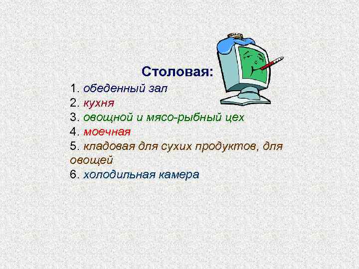   Столовая: 1. обеденный зал 2. кухня 3. овощной и мясо-рыбный цех 4.