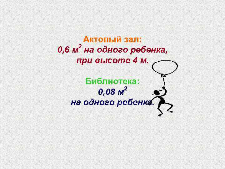  Актовый зал:  2 0, 6 м на одного ребенка,  при