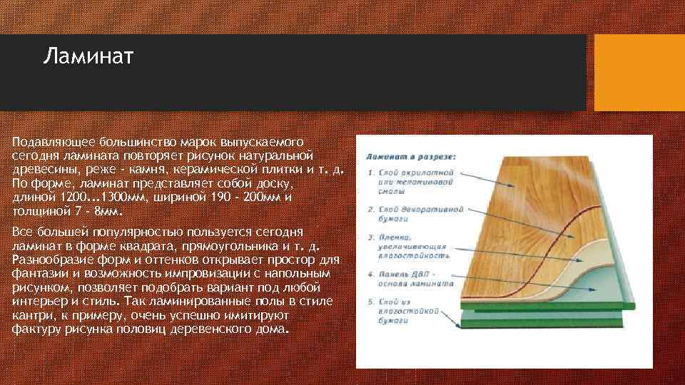 Ламинат Подавляющее большинство марок выпускаемого сегодня ламината повторяет рисунок натуральной древесины, реже - камня,