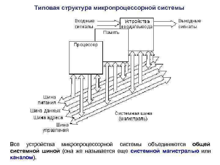   Типовая структура микропроцессорной системы Все устройства микропроцессорной системы объединяются общей системной шиной