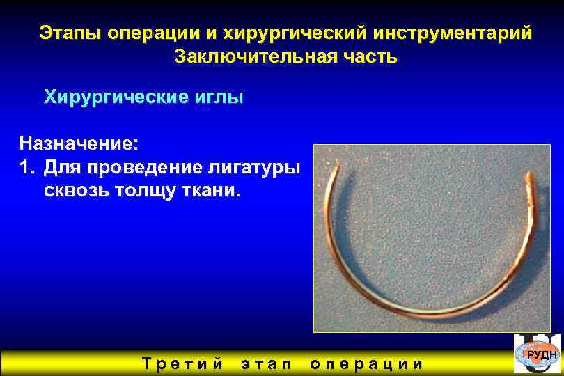 Этапы операции и хирургический инструментарий Заключительная часть Хирургические иглы Назначение: 1. Для проведение лигатуры