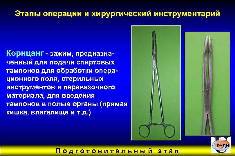 Этапы операции и хирургический инструментарий Корнцанг - зажим, предназначенный для подачи спиртовых тампонов для