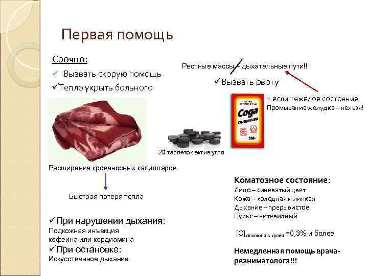 Первая помощь Срочно: Вызвать скорую помощь üТепло укрыть больного ü Рвотные массы – дыхательные