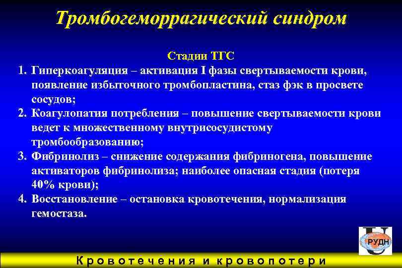   Тромбогеморрагический синдром     Стадии ТГС 1.  Гиперкоагуляция –