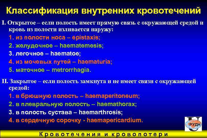  Классификация внутренних кровотечений I. Открытое – если полость имеет прямую связь с окружающей