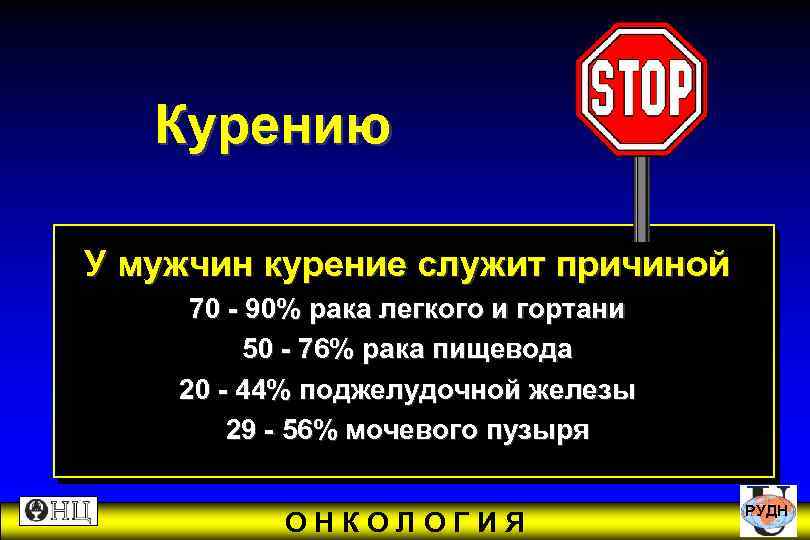  Курению У мужчин курение служит причиной 70 - 90% рака легкого и гортани