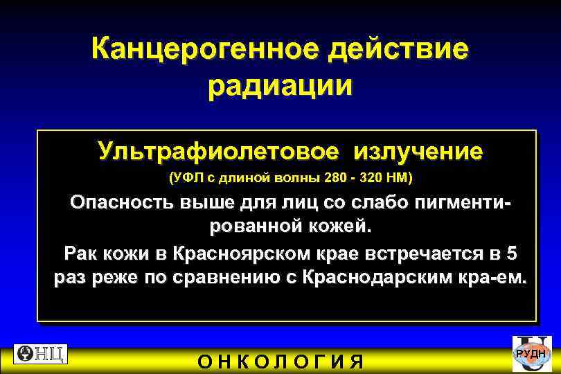  Канцерогенное действие радиации Ультрафиолетовое излучение (УФЛ с длиной волны 280 - 320 НМ)