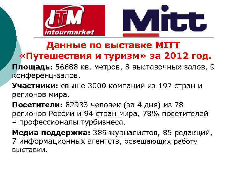 Данные по выставке MITT «Путешествия и туризм» за 2012 год. Площадь: 56688 кв. метров,