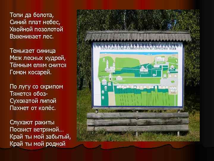 Топи да болота, Синий плат небес, Хвойной позолотой Взвенивает лес.  Тенькает синица Меж