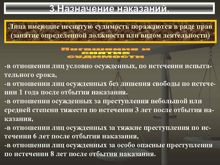   3. Назначение наказаний.  Лица имеющие неснятую судимость поражаются в ряде прав