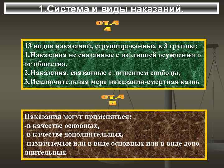   1. Система и виды наказаний.  13 видов наказаний, сгруппированных в 3