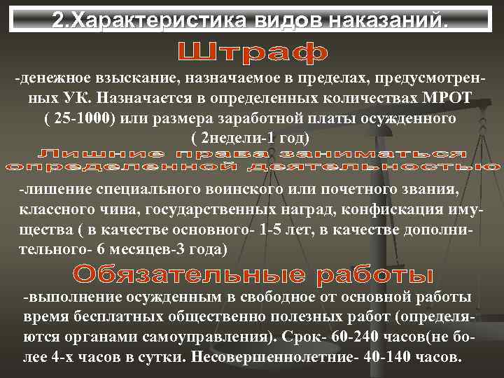   2. Характеристика видов наказаний.  -денежное взыскание, назначаемое в пределах, предусмотрен- 