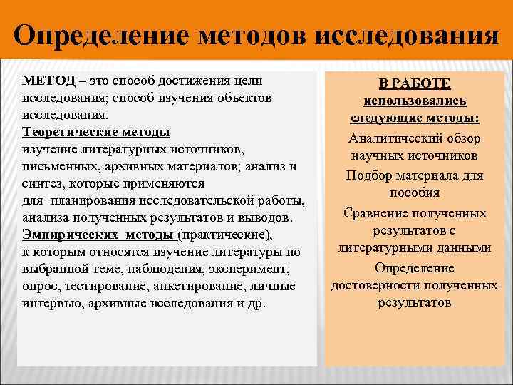 Определение методов исследования МЕТОД – это способ достижения цели исследования; способ изучения объектов исследования.