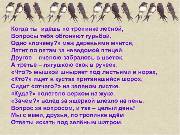 Когда ты идешь по тропинке лесной, Вопросы тебя обгоняют гурьбой. Одно «почему? » меж