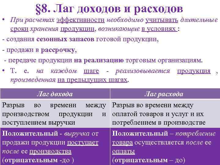    § 8. Лаг доходов и расходов • При расчетах эффективности необходимо