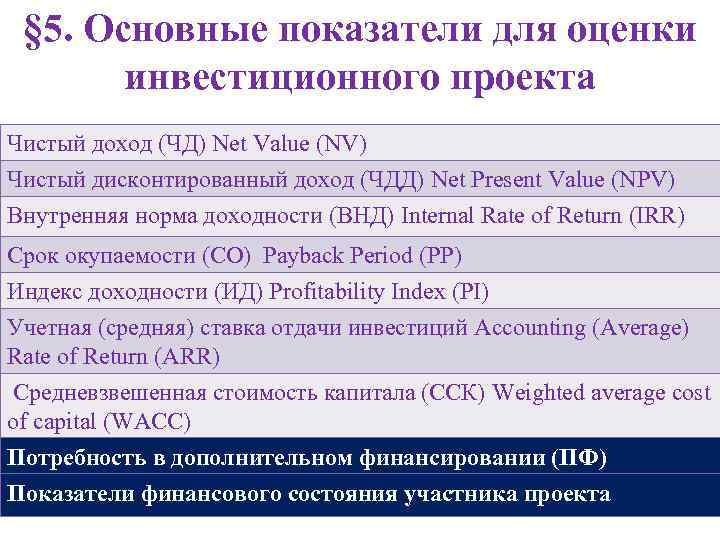  § 5. Основные показатели для оценки   инвестиционного проекта Чистый доход (ЧД)