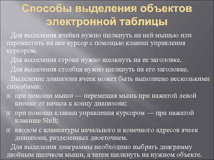   Способы выделения объектов   электронной таблицы Для выделения ячейки нужно щелкнуть