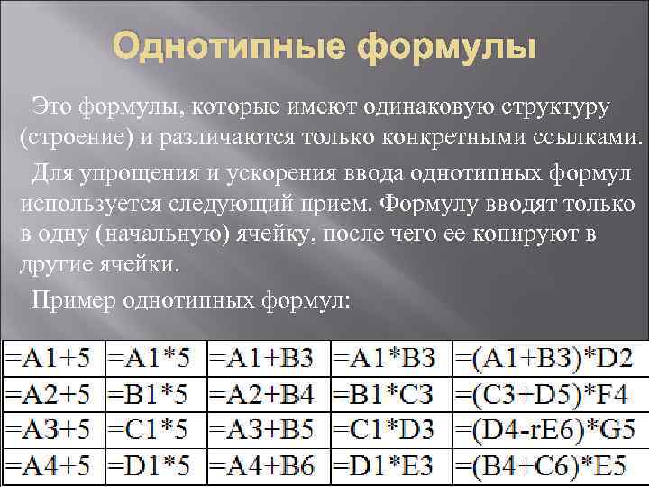   Однотипные формулы Это формулы, которые имеют одинаковую структуру (строение) и различаются только