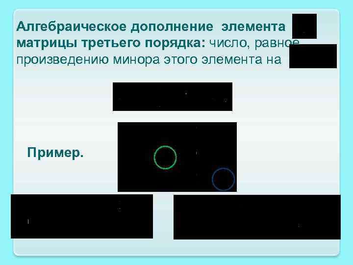 Алгебраическое дополнение элемента матрицы третьего порядка: число, равное произведению минора этого элемента на Пример.