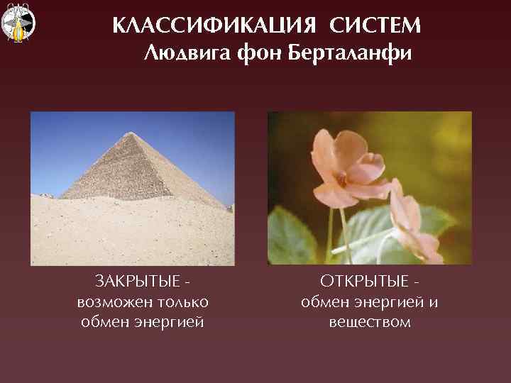 КЛАССИФИКАÖИЯ СИСТЕМ Лþдвига фон Берталанфи ÇÀÊÐÛТÛЕ возможен только обмен энергией ОТÊÐÛТÛЕ обмен энергией и