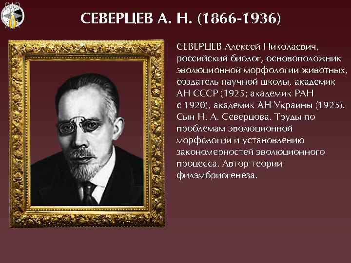 CЕВЕРÖЕВ А. Н. (1866 -1936) CЕВЕÐÖЕВ Àлексей Николаевич, российский биолог, основоположник эволюционной морфологии животных,