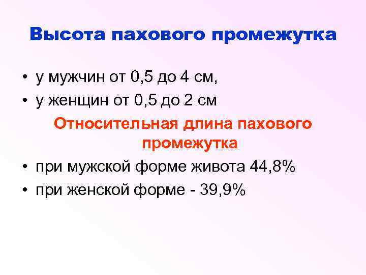 Высота пахового промежутка • у мужчин от 0, 5 до 4 см, • у