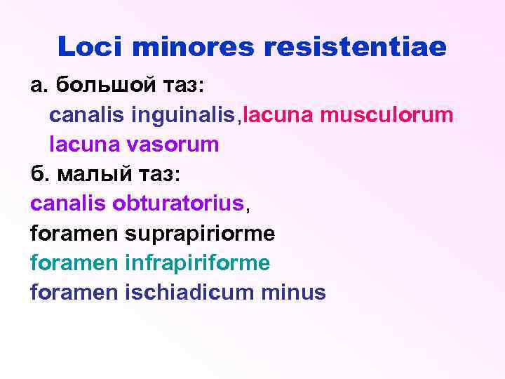 Loci minores resistentiae а. большой таз: canalis inguinalis, lacuna musculorum lacuna vasorum б. малый