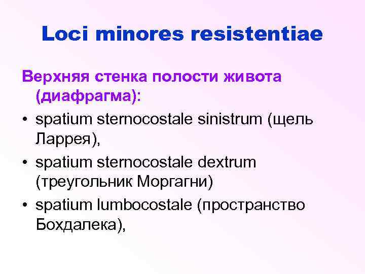 Loci minores resistentiae Верхняя стенка полости живота (диафрагма): • spatium sternocostale sinistrum (щель Ларрея),