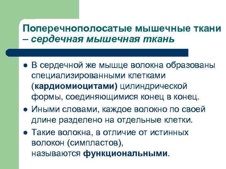 Поперечнополосатые мышечные ткани – сердечная мышечная ткань l l l В сердечной же мышце