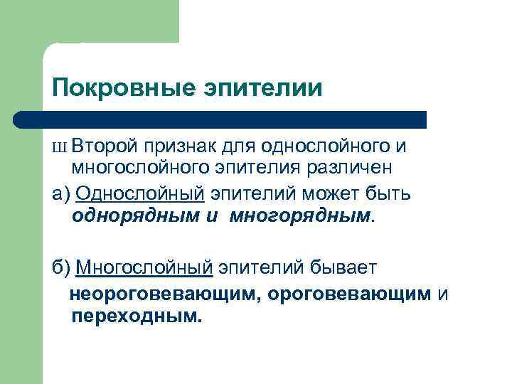 Покровные эпителии Ш Второй признак для однослойного и многослойного эпителия различен а) Однослойный эпителий