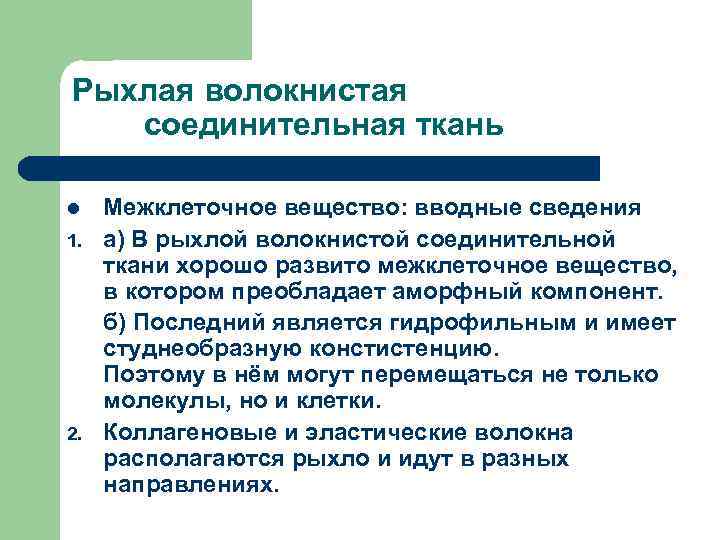 Рыхлая волокнистая соединительная ткань l 1. 2. Межклеточное вещество: вводные сведения а) В рыхлой