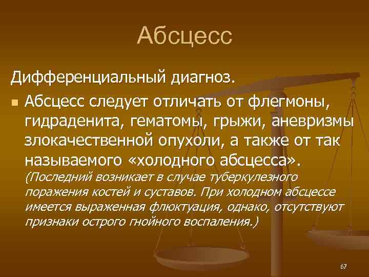    Абсцесс Дифференциальный диагноз. n Абсцесс следует отличать от флегмоны,  гидраденита,