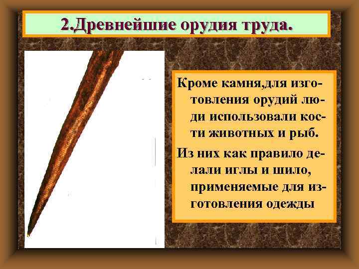 2. Древнейшие орудия труда.   Кроме камня, для изго-    товления