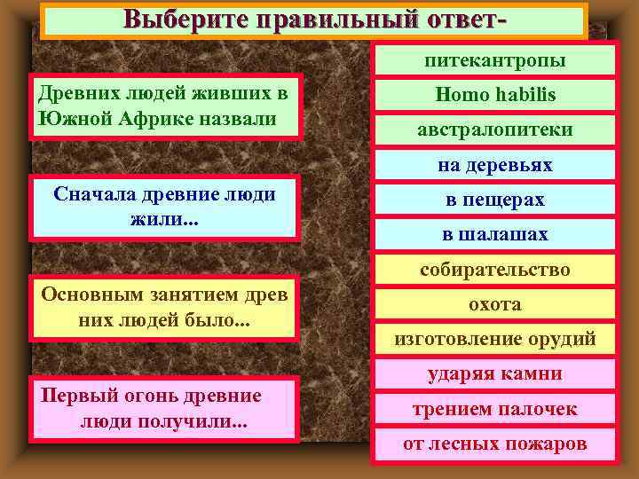   Выберите правильный ответ-      питекантропы Древних людей живших