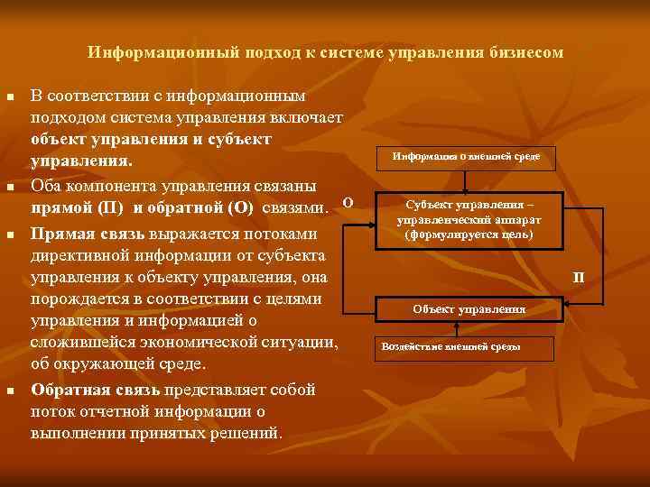    Информационный подход к системе управления бизнесом n  В соответствии с