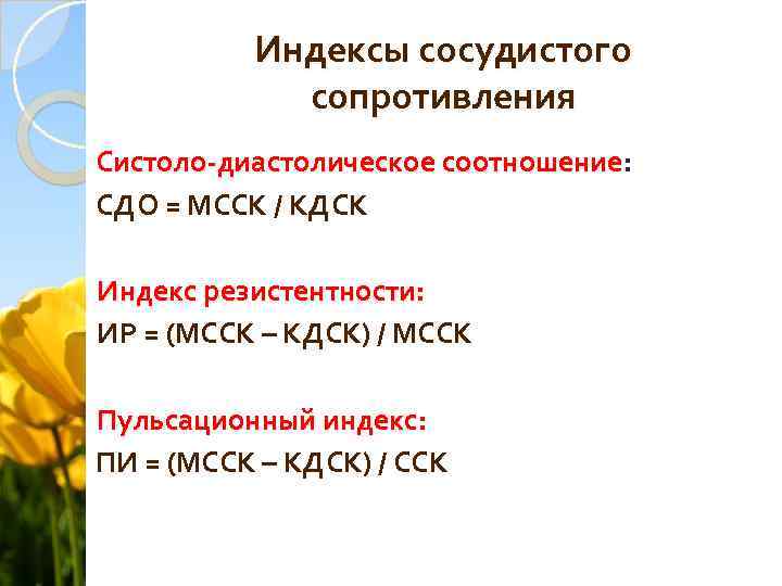 Индексы сосудистого сопротивления Систоло-диастолическое соотношение: соотношение СДО = МССК / КДСК Индекс резистентности: ИР