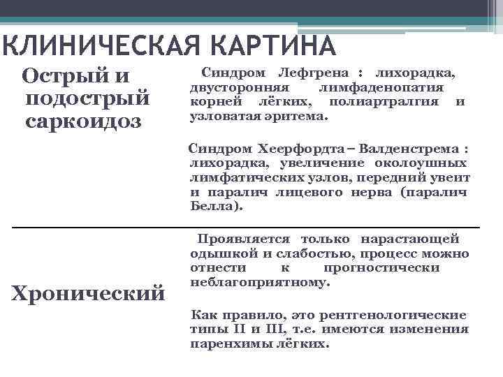   КЛИНИЧЕСКАЯ КАРТИНА  Острый и  Синдром Лефгрена :  лихорадка, 
