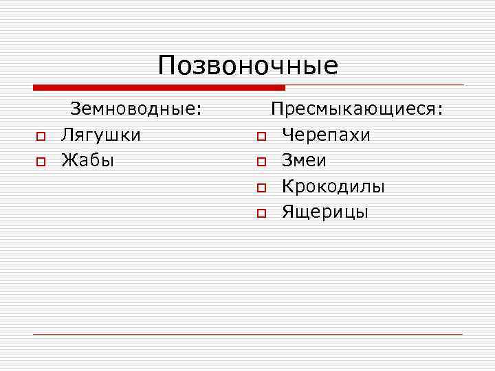 Позвоночные o o Земноводные: Лягушки Жабы Пресмыкающиеся: o Черепахи o Змеи o Крокодилы o