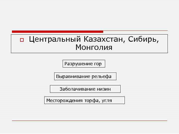 o Центральный Казахстан, Сибирь, Монголия Разрушение гор Выравнивание рельефа Заболачивание низин Месторождения торфа, угля