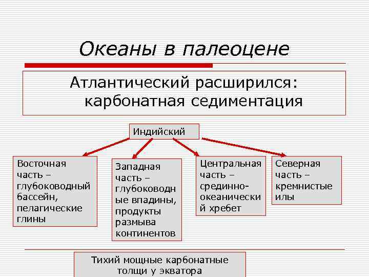 Океаны в палеоцене Атлантический расширился: карбонатная седиментация Индийский Восточная часть – глубоководный бассейн, пелагические