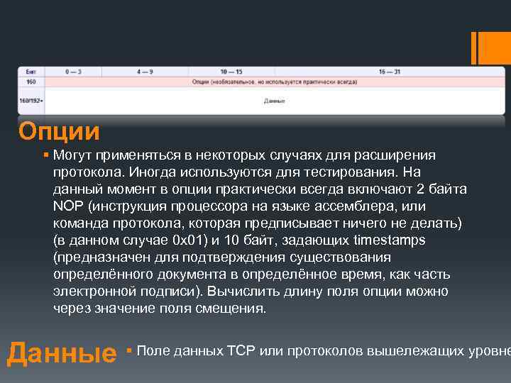  Опции § Могут применяться в некоторых случаях для расширения  протокола. Иногда используются