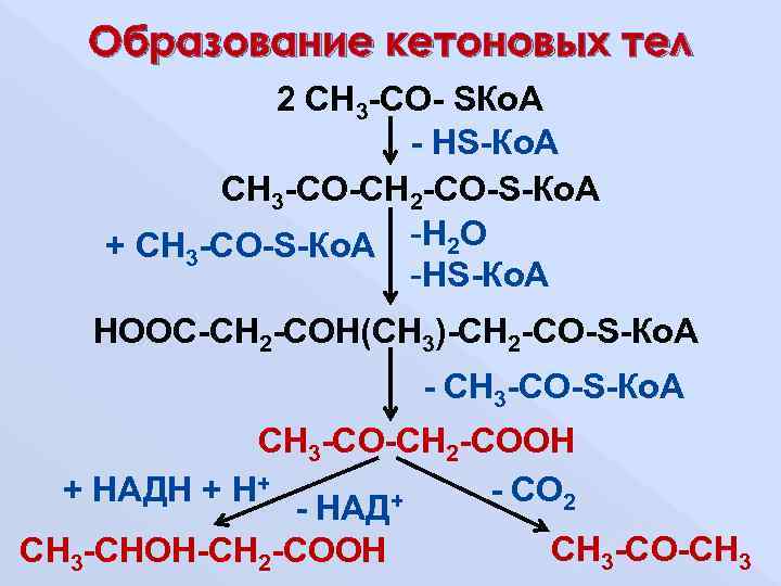   Образование кетоновых тел   2 CH 3 -CO- SКо. А 
